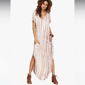 Women's Boho Maxi Short Sleeve Split Pockets Tie Dye Long Dress
